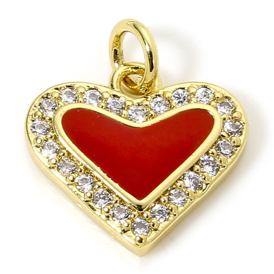 Immagine di 1 Pz Ottone San Valentino Ciondoli Cuore Placcato Oro 18K Rosso Smalto Trasparente Cubic Zirconiae 14.5mm x 12mm