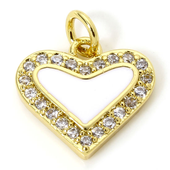 Immagine di 1 Pz Ottone San Valentino Ciondoli Cuore Placcato Oro 18K Bianco Smalto Trasparente Cubic Zirconiae 14.5mm x 12mm