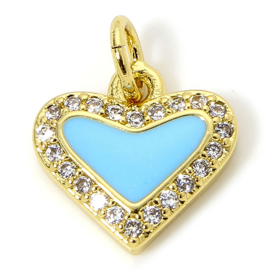 Immagine di 1 Pz Ottone San Valentino Ciondoli Cuore Placcato Oro 18K Blu Smalto Trasparente Cubic Zirconiae 14.5mm x 12mm