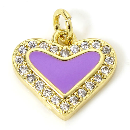 Immagine di 1 Pz Ottone San Valentino Ciondoli Cuore Placcato Oro 18K Colore Viola Smalto Trasparente Cubic Zirconiae 14.5mm x 12mm