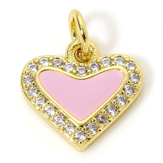 Immagine di 1 Pz Ottone San Valentino Ciondoli Cuore Placcato Oro 18K Rosa Smalto Trasparente Cubic Zirconiae 14.5mm x 12mm