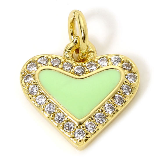 Immagine di 1 Pz Ottone San Valentino Ciondoli Cuore Placcato Oro 18K Verde Smalto Trasparente Cubic Zirconiae 14.5mm x 12mm