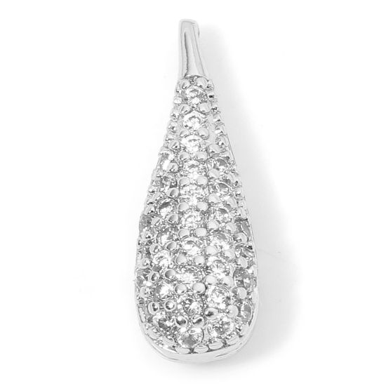 Image de 1 Pièce Breloques Micro Pave en Laiton Respectueux de la Nature Goutte d'Eau Plaqué Platine Véritable 3D à Zircone Cubique Clair 18mm x 6mm