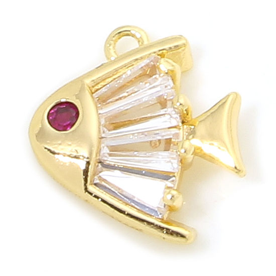 Picture of 1 Piece Eco-friendly Brass Ocean Jewelry Charms 18K Real Gold Plated Fish Animal Fuchsia Cubic Zirconia Clear Rhinestone 12mm x 10mm