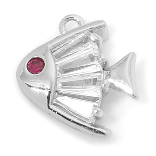 Picture of 1 Piece Eco-friendly Brass Ocean Jewelry Charms Real Platinum Plated Fish Animal Fuchsia Cubic Zirconia Clear Rhinestone 12mm x 10mm