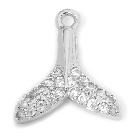 Picture of 1 Piece Eco-friendly Brass Ocean Jewelry Charms Real Platinum Plated Whale Tail Micro Pave Clear Cubic Zirconia 11mm x 10mm