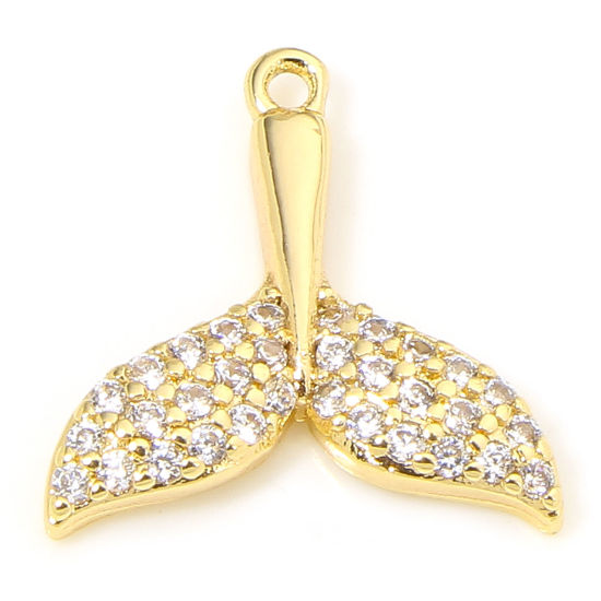 Picture of 1 Piece Eco-friendly Brass Ocean Jewelry Charms 18K Real Gold Plated Whale Tail Micro Pave Clear Cubic Zirconia 14mm x 13.5mm