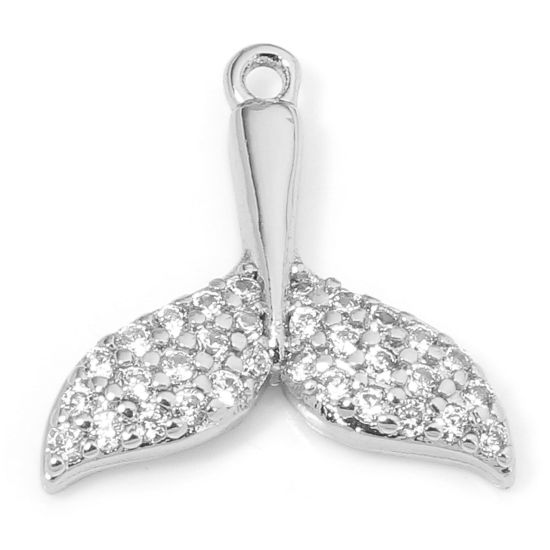 Picture of 1 Piece Eco-friendly Brass Ocean Jewelry Charms Real Platinum Plated Whale Tail Micro Pave Clear Cubic Zirconia 14mm x 13.5mm