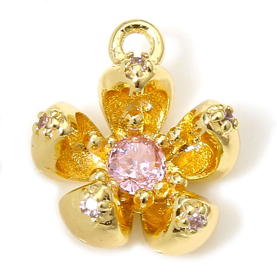 Immagine di 1 Pz Ecologico Ottone Ciondoli Fiore 18K Vero Oro Placcato 3D Rosa Cubic Zirconiae 12mm x 10.5mm