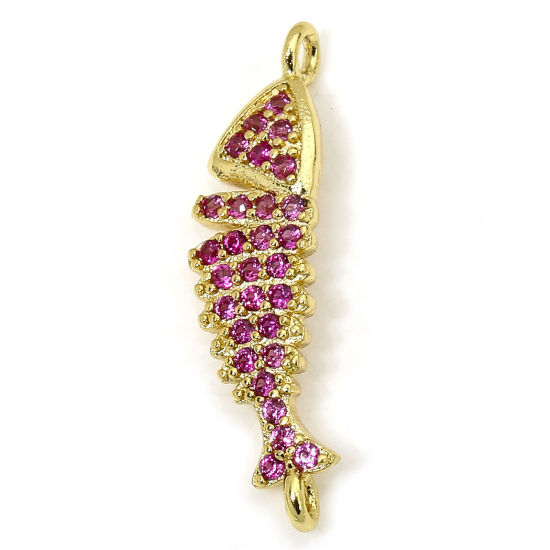 Image de 1 Piece Eco-friendly Brass Ocean Jewelry Connectors Charms Pendants Fish Animal 18K Real Gold Plated Micro Pave Fuchsia Cubic Zirconia 23.5mm x 6mm