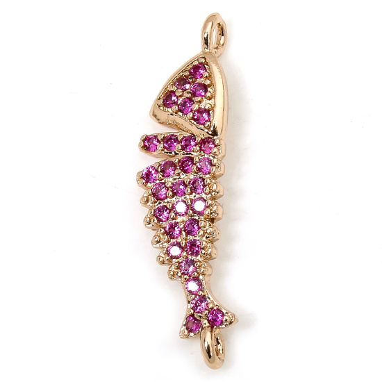 1 Piece Eco-friendly Brass Ocean Jewelry Connectors Charms Pendants Fish Animal Real Rose Gold Plated Micro Pave Fuchsia Cubic Zirconia 23.5mm x 6mm の画像
