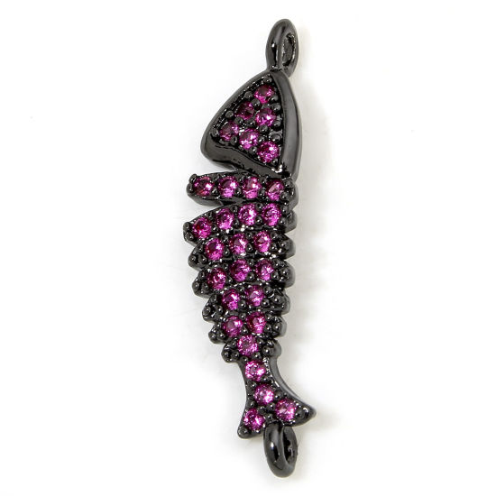 Image de 1 Piece Eco-friendly Brass Ocean Jewelry Connectors Charms Pendants Fish Animal Black Micro Pave Fuchsia Cubic Zirconia 23.5mm x 6mm
