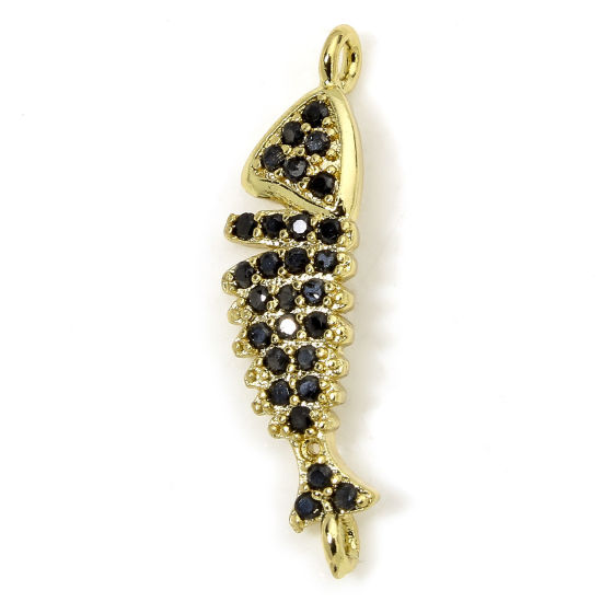 Image de 1 Piece Eco-friendly Brass Ocean Jewelry Connectors Charms Pendants Fish Animal 18K Real Gold Plated Micro Pave Black Cubic Zirconia 23.5mm x 6mm