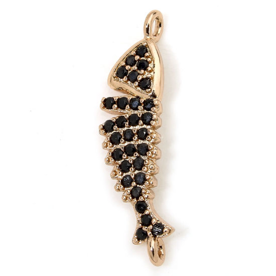 1 Piece Eco-friendly Brass Ocean Jewelry Connectors Charms Pendants Fish Animal Real Rose Gold Plated Micro Pave Black Cubic Zirconia 23.5mm x 6mm の画像
