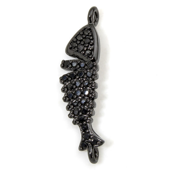 Image de 1 Piece Eco-friendly Brass Ocean Jewelry Connectors Charms Pendants Fish Animal Black Micro Pave Black Cubic Zirconia 23.5mm x 6mm
