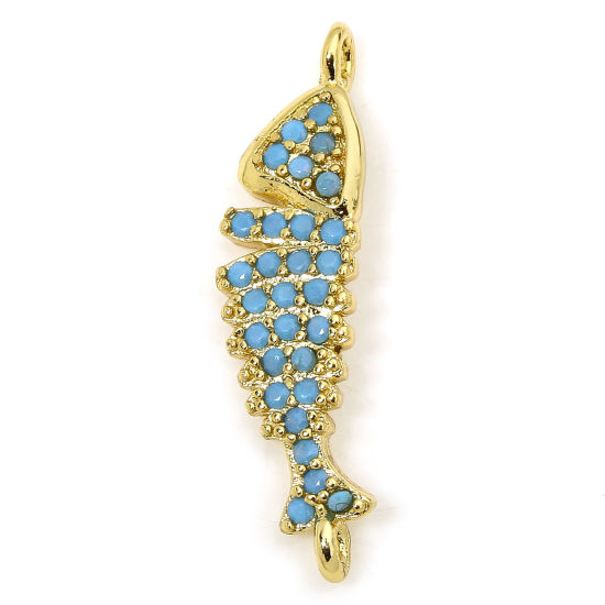Image de 1 Piece Eco-friendly Brass Ocean Jewelry Connectors Charms Pendants Fish Animal 18K Real Gold Plated Micro Pave Blue Cubic Zirconia 23.5mm x 6mm
