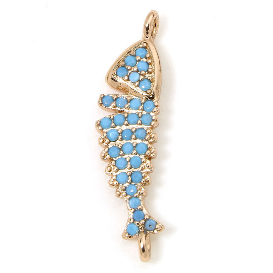 Image de 1 Piece Eco-friendly Brass Ocean Jewelry Connectors Charms Pendants Fish Animal Real Rose Gold Plated Micro Pave Blue Cubic Zirconia 23.5mm x 6mm