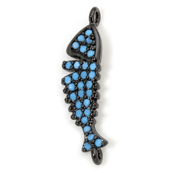 Image de 1 Piece Eco-friendly Brass Ocean Jewelry Connectors Charms Pendants Fish Animal Black Micro Pave Blue Cubic Zirconia 23.5mm x 6mm