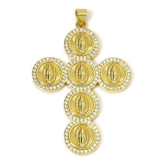 Picture of 1 Piece Eco-friendly Brass Religious Pendants 18K Real Gold Plated Cross Virgin Mary Micro Pave Clear Cubic Zirconia 5cm x 3.2cm