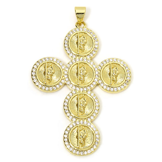 Picture of 1 Piece Eco-friendly Brass Religious Pendants 18K Real Gold Plated Cross Jesus Micro Pave Clear Cubic Zirconia 5cm x 3.2cm