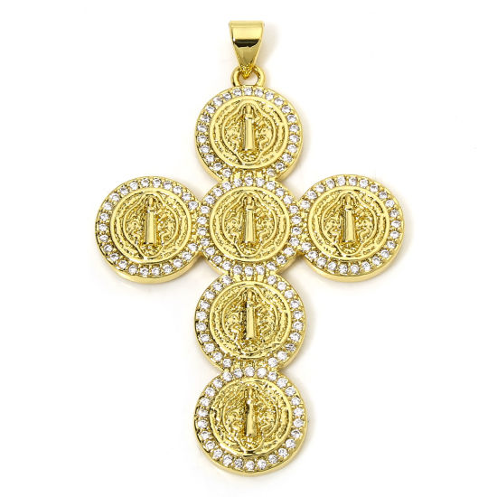 Picture of 1 Piece Eco-friendly Brass Religious Pendants 18K Real Gold Plated Cross Jesus Micro Pave Clear Cubic Zirconia 5cm x 3.2cm