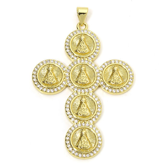Picture of 1 Piece Eco-friendly Brass Religious Pendants 18K Real Gold Plated Cross Buddha Statue Micro Pave Clear Cubic Zirconia 5cm x 3.2cm
