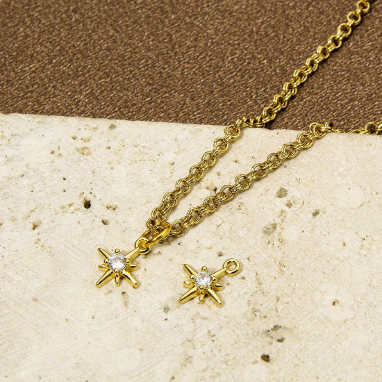 Picture of 2 PCs Eco-friendly Brass Galaxy 18K Real Gold Plated Star Clear Cubic Zirconia 10mm x 8mm