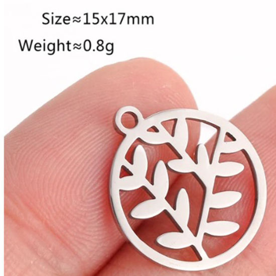 Picture of 2 PCs 304 Stainless Steel Charms Silver Tone Round Leaf 17mm x 15mm