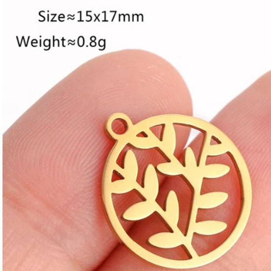 Picture of 2 PCs Vacuum Plating 304 Stainless Steel Charms 18K Gold Plated Round Leaf 17mm x 15mm