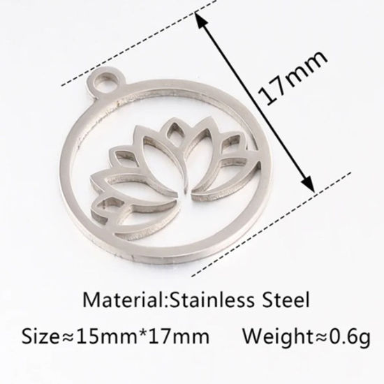 Image de 2 Pcs Breloques en 304 Acier Inoxydable Rond Argent Mat Fleur de Lotus 17mm x 15mm