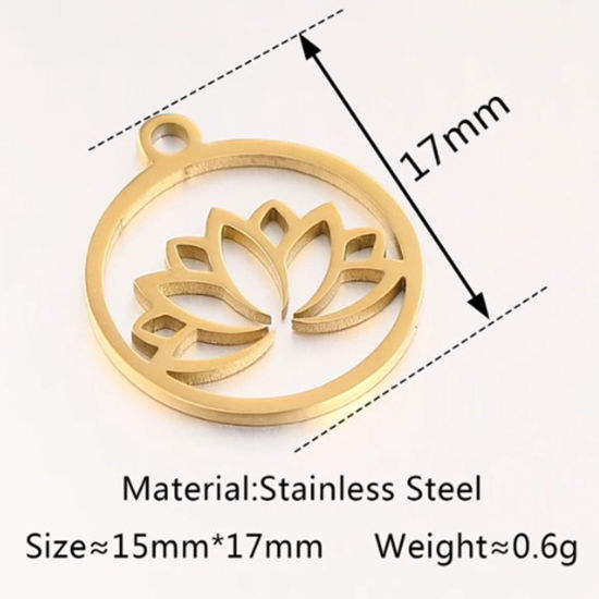 Picture of 2 PCs Vacuum Plating 304 Stainless Steel Charms 18K Gold Plated Round Lotus Flower 17mm x 15mm