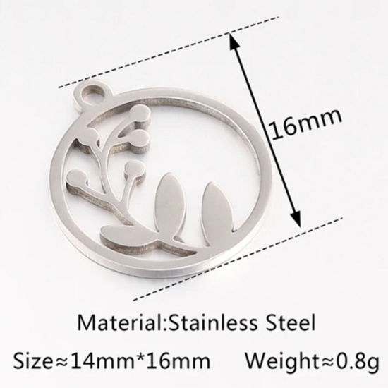 Picture of 2 PCs 304 Stainless Steel Charms Silver Tone Round Leaf 17mm x 15mm