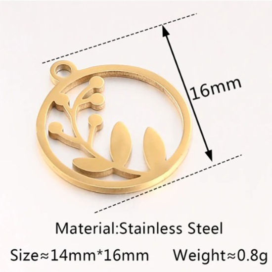 Picture of 2 PCs Vacuum Plating 304 Stainless Steel Charms 18K Gold Plated Round Leaf 17mm x 15mm