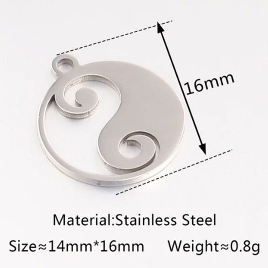 Picture of 2 PCs 304 Stainless Steel Religious Charms Silver Tone Round Yin Yang Symbol 16mm x 14mm