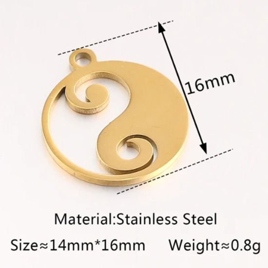 Picture of 2 PCs Vacuum Plating 304 Stainless Steel Religious Charms 18K Gold Plated Round Yin Yang Symbol 16mm x 14mm