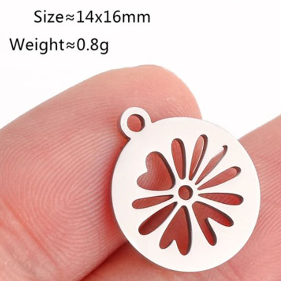 Picture of 2 PCs 304 Stainless Steel Charms Silver Tone Round Flower 16mm x 14mm