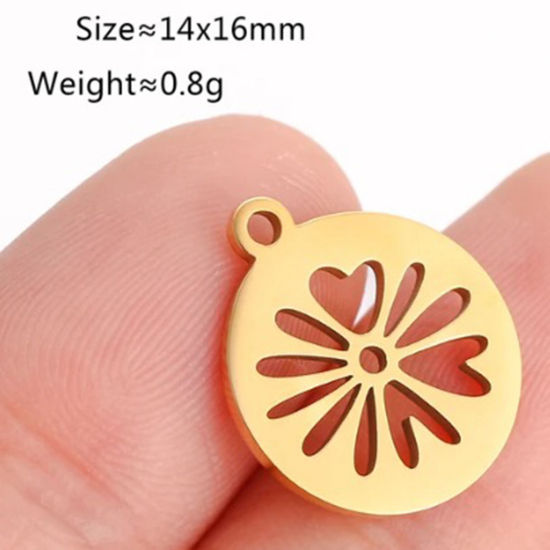 Picture of 2 PCs Vacuum Plating 304 Stainless Steel Charms 18K Gold Plated Round Flower 16mm x 14mm