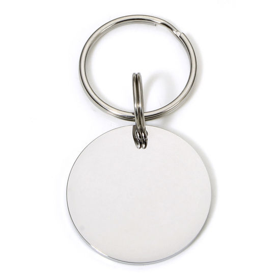 Picture of 1 Piece 304 Stainless Steel Pet ID Dog Collar Name Tag Blank Stamping Tags Keychain & Keyring Silver Tone Round Mirror Polishing 6.9cm x 3.2cm