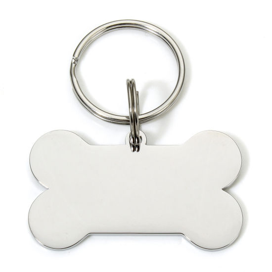 Picture of 1 Piece 304 Stainless Steel Pet ID Dog Collar Name Tag Blank Stamping Tags Keychain & Keyring Silver Tone Bone Mirror Polishing 6.5cm x 4.8cm