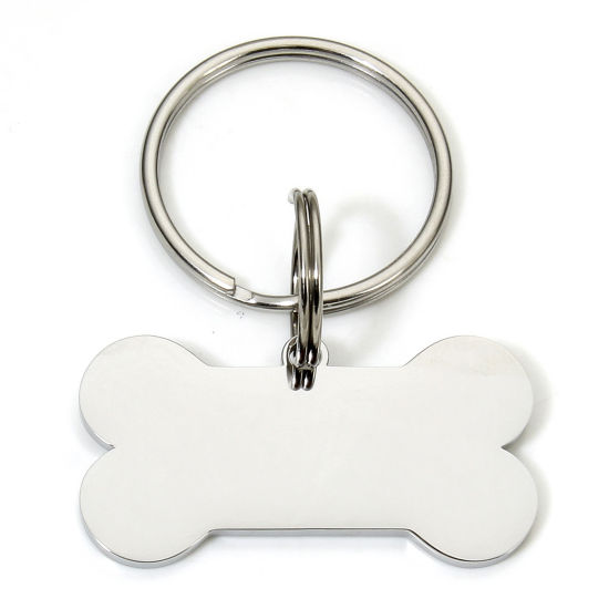 Picture of 1 Piece 304 Stainless Steel Pet ID Dog Collar Name Tag Blank Stamping Tags Keychain & Keyring Silver Tone Bone Mirror Polishing 5.7cm x 3.8cm