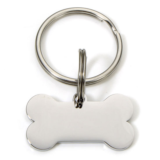 Picture of 1 Piece 304 Stainless Steel Pet ID Dog Collar Name Tag Blank Stamping Tags Keychain & Keyring Silver Tone Bone Mirror Polishing 5.2cm x 3cm