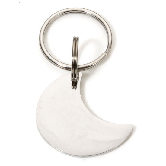 Picture of 1 Piece 304 Stainless Steel Pet ID Dog Collar Name Tag Blank Stamping Tags Keychain & Keyring Silver Tone Half Moon Mirror Polishing 6.5cm x 3.2cm