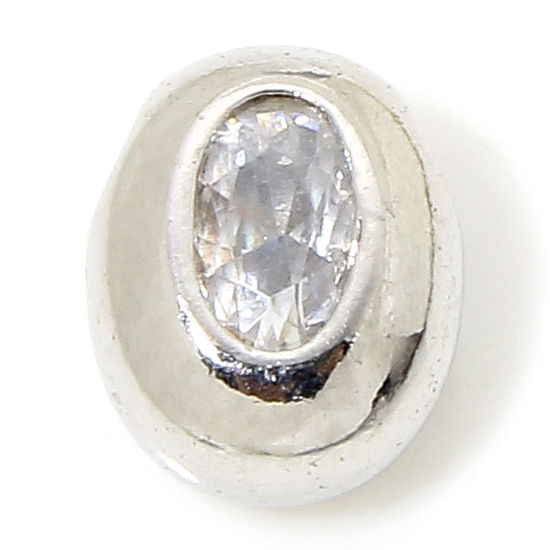 Picture of 2 PCs Eco-friendly Brass Geometric Beads For DIY Jewelry Making Real Platinum Plated Oval Clear Rhinestone About 8.5mm x 6.5mm, Hole: Approx 1.5mm