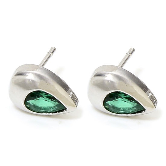 Imagen de 2 Unidades Respetuoso del Medio Ambiente Latón Exquisito Pendiente de Poste de Oreja para Accesorios de Fabricación de Joyas de Bricolaje Platino Real Chapado Gota Verde Circón Artificial 10.5mm x 6.5mm, Post/ Wire Size: (20 gauge)
