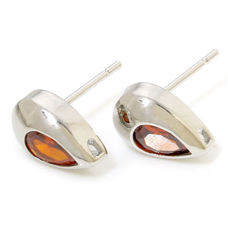 Image de 2 Pcs Boucles d'Oreilles Puces Respectueux de la Nature en Laiton Exquis Plaqué Platine Véritable Goutte d'Eau à Zirconia Cubique Rouge-orange avec Boucle 10.5mm x 6.5mm, Epaisseur de Fil: 0.8mm(taille 20)