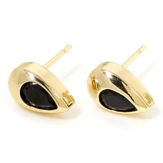 Imagen de 2 Unidades Respetuoso del Medio Ambiente Latón Exquisito Pendiente de Poste de Oreja para Accesorios de Fabricación de Joyas de Bricolaje 18K Oro Real Chapado Gota Negro Circón Artificial 10.5mm x 6.5mm, Post/ Wire Size: (20 gauge)