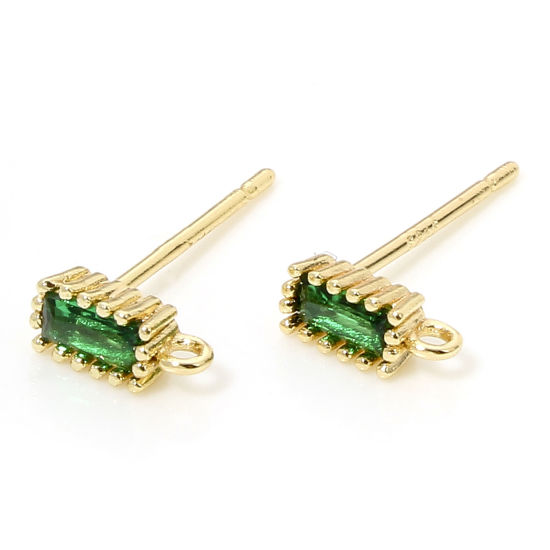 Imagen de 2 Unidades Respetuoso del Medio Ambiente Latón Exquisito Pendiente de Poste de Oreja para Accesorios de Fabricación de Joyas de Bricolaje 18K Oro Real Chapado Rectángulo Verde Circón Artificial 7mm x 3mm, Post/ Wire Size: (21 gauge)