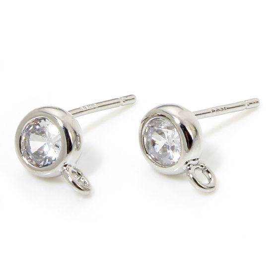Imagen de 2 Unidades Respetuoso del Medio Ambiente Latón Exquisito Pendiente de Poste de Oreja para Accesorios de Fabricación de Joyas de Bricolaje Platino Real Chapado Ronda Claro Circón Artificial 7mm x 4mm, Post/ Wire Size: (21 gauge)