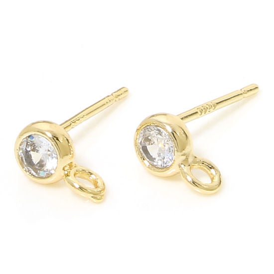 Imagen de 2 Unidades Respetuoso del Medio Ambiente Latón Exquisito Pendiente de Poste de Oreja para Accesorios de Fabricación de Joyas de Bricolaje 18K Oro Real Chapado Ronda Claro Circón Artificial 7mm x 4mm, Post/ Wire Size: (21 gauge)