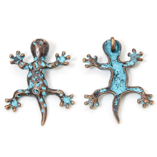 Image de 10 PCs Zinc Based Alloy Pendants Antique Copper Blue Gecko Patina Hammered 3.4cm x 2.6cm